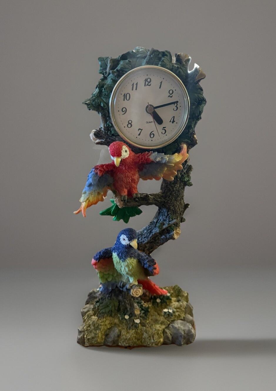 De Elina Tropical Parrots Figurine Clock Vintage Resin Macaw Bird Statue Decor